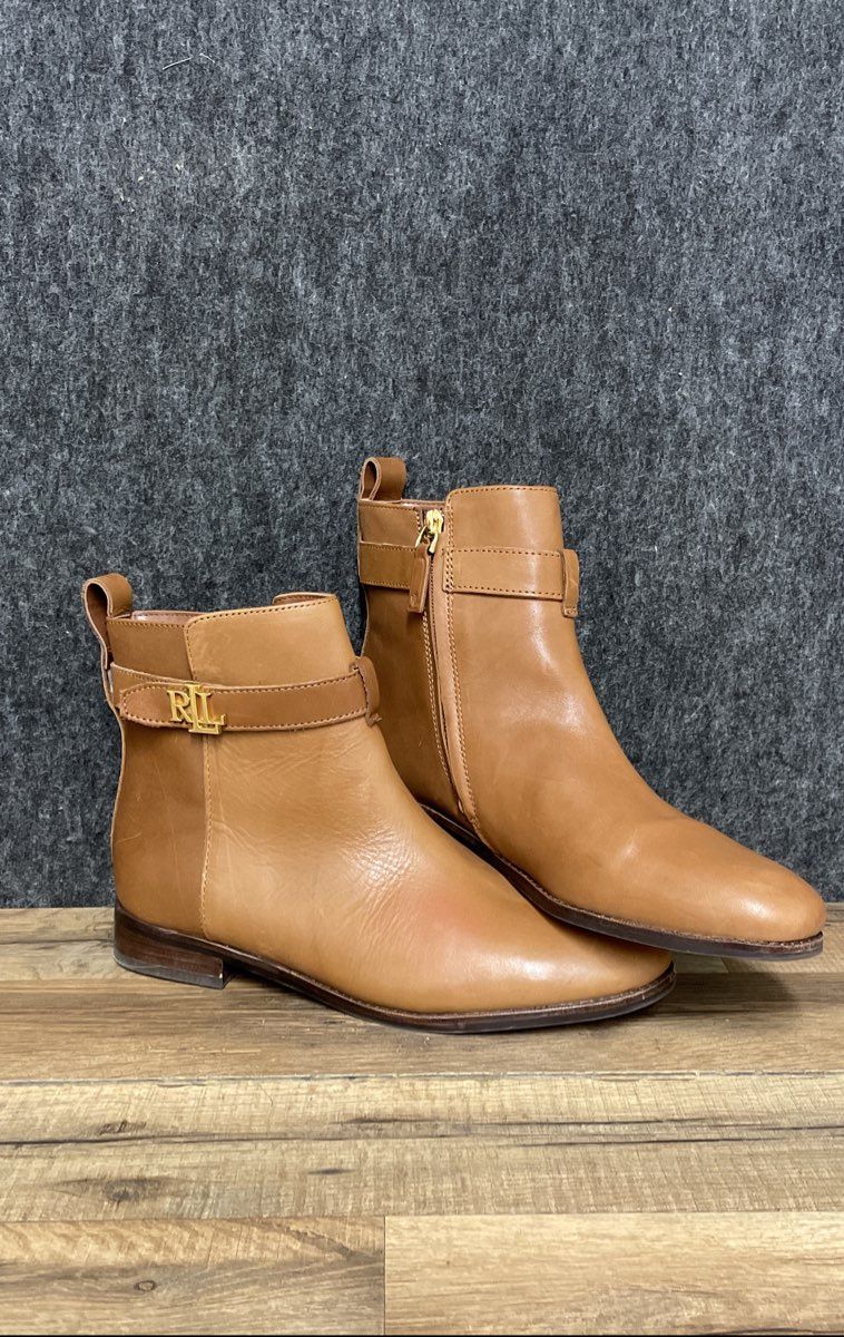 Lauren Ralph Lauren Briele Tan Burnished Leather Ankle Booties Size 8.5