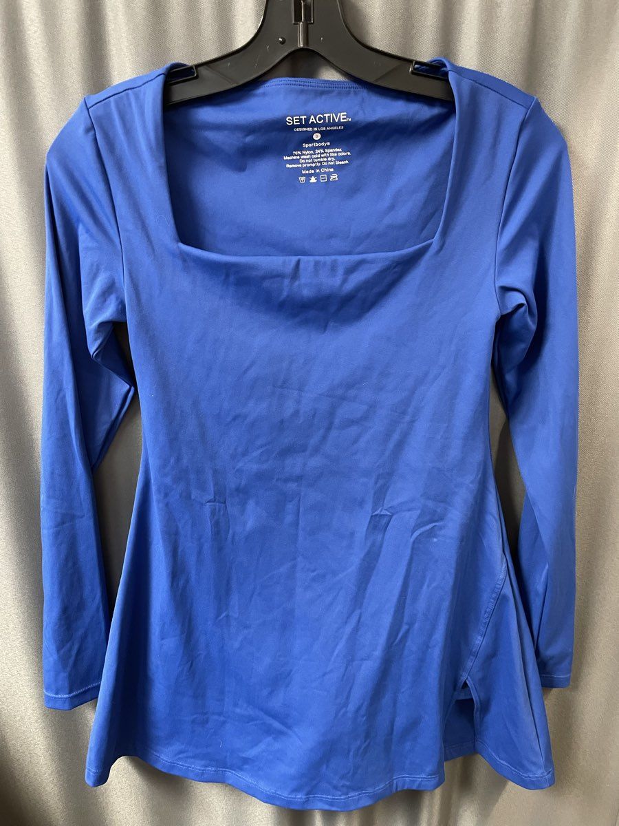 SET Active Women's Blue Sportbody Long Sleeve Square Neck Crossover Dress Sz S
