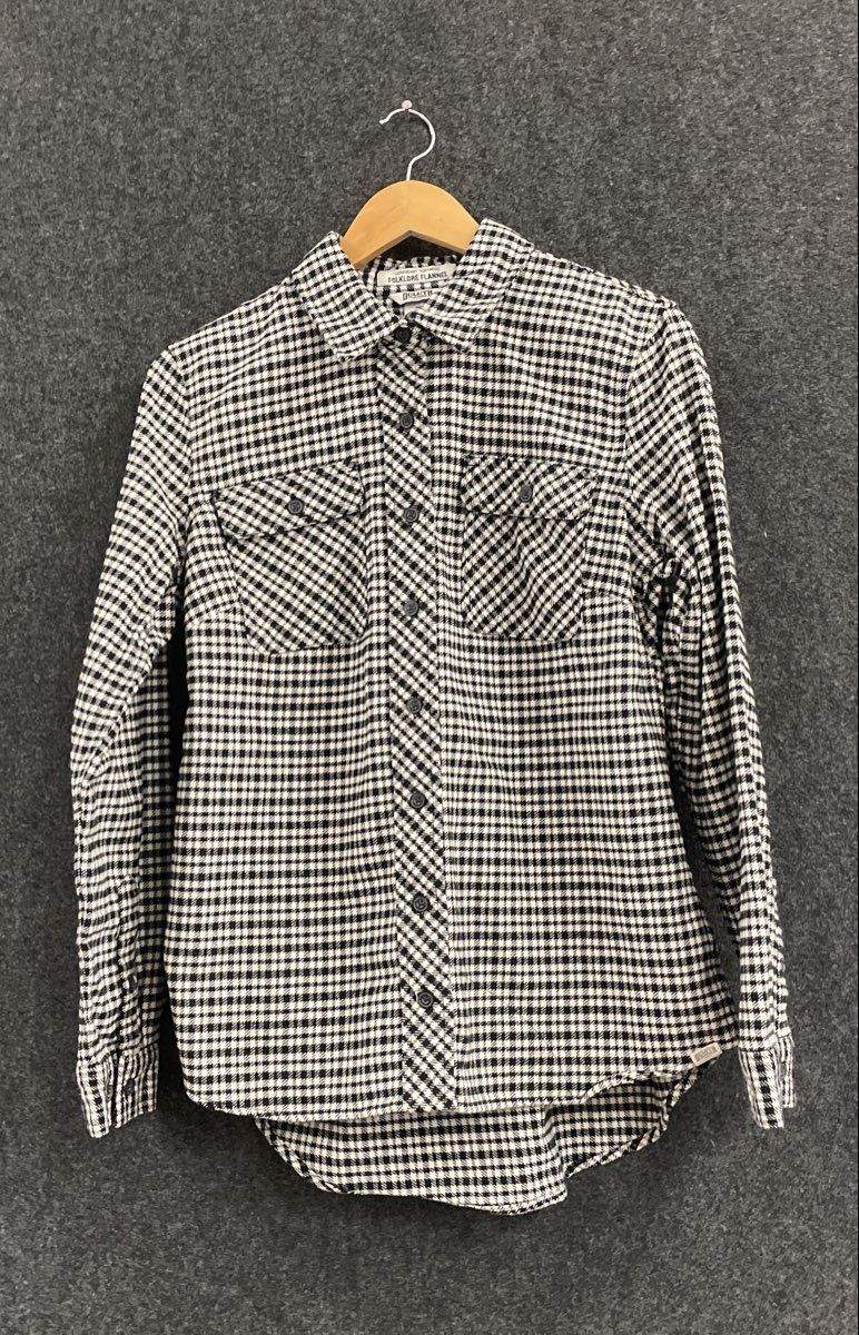 Duluth Trading Co Women's Folklore Flannel Shirt Black White Houndstooth Sz M