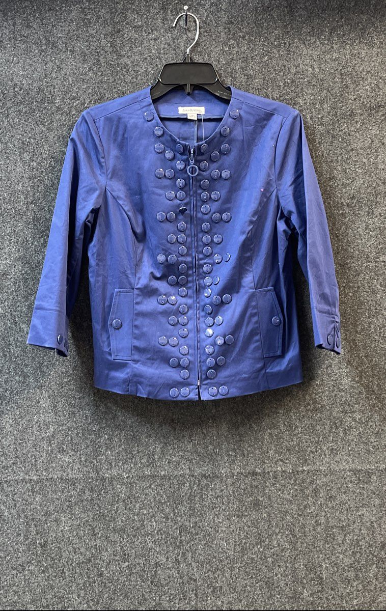 Joan Rivers Women's Blue Button Embellished Zip Up 3/4 Sleeve Jacket Sz 10