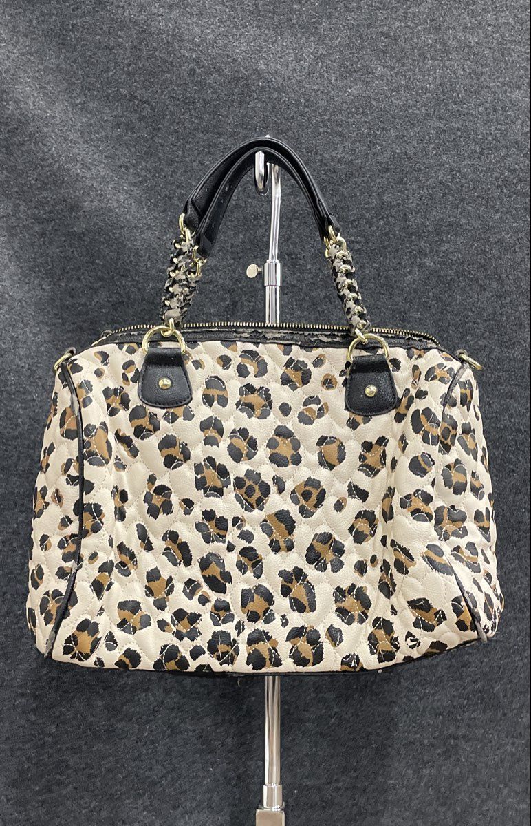 Betsey Johnson White Leather Leopard Quilted Satchel Bag Gold Hardware