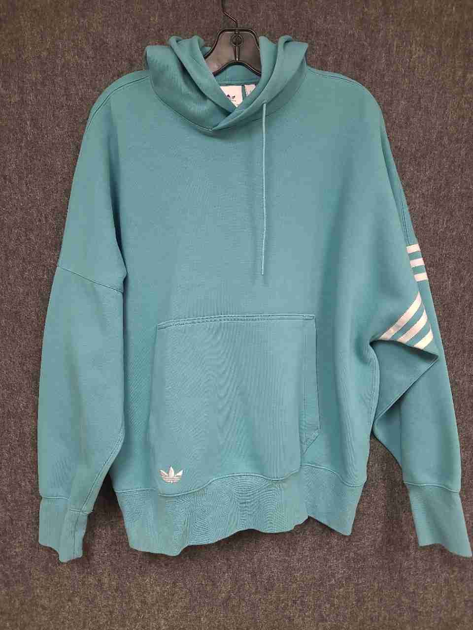Adidas Originals Men's Teal Trefoil Logo Pullover Hoodie Sleeve Stripes Sz M