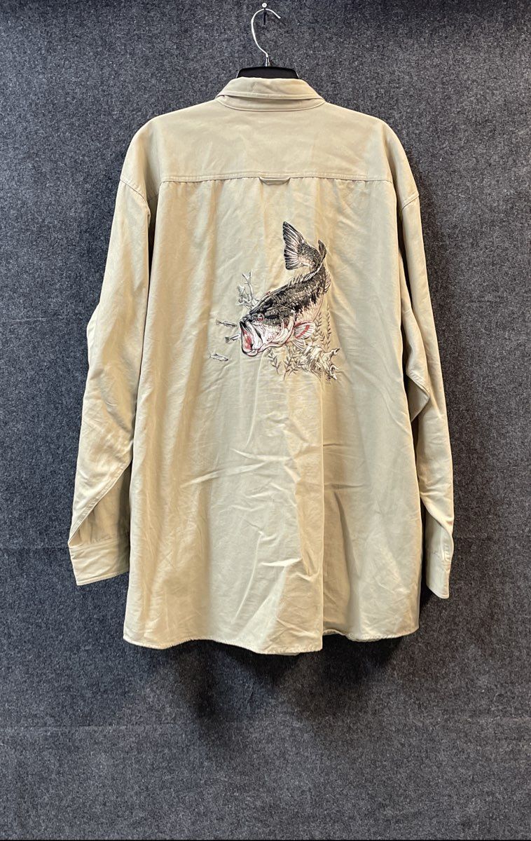 RedHead Men's Tan Long Sleeve Embroidered Bass Fish Back Cotton Shirt Sz 2XLT