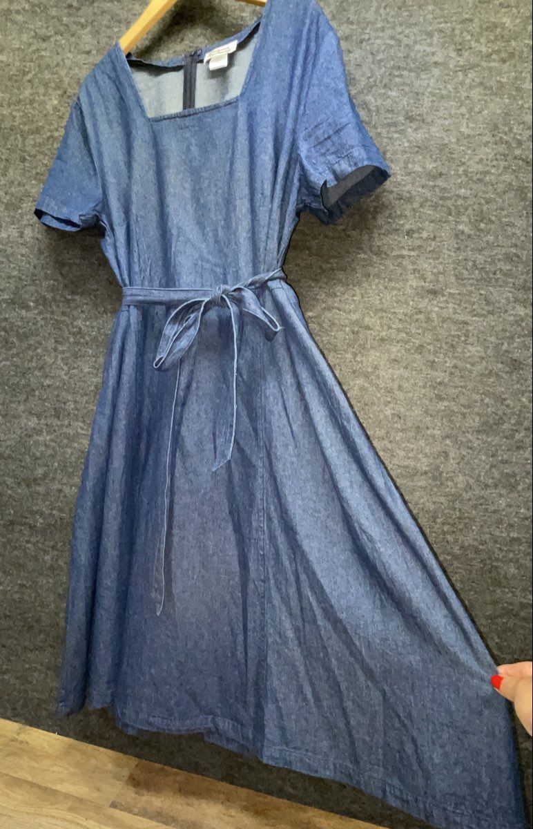 Anthony Richards Women's Blue Cotton Denim Dress Square Neck Belted Pockets 18