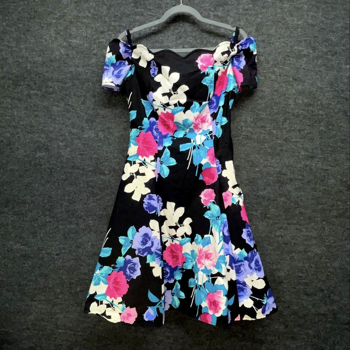 Vintage 80s 90s Floral Off Shoulder Sweetheart Party Dress Crinoline Skirt