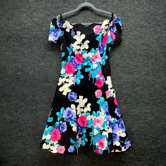 Vintage 80s 90s Floral Off Shoulder Sweetheart Party Dress Crinoline Skirt