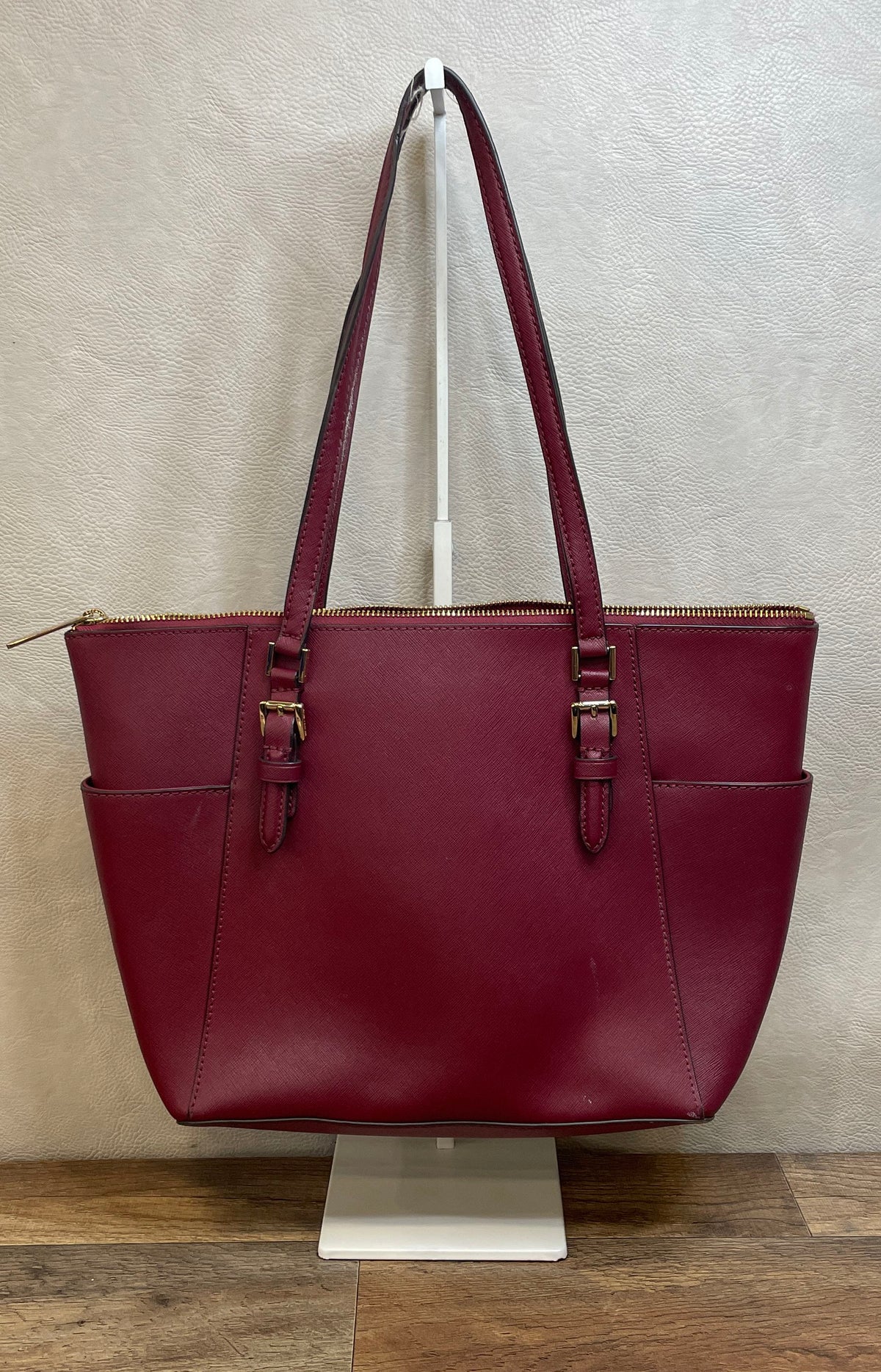 Michael Kors Burgundy Saffiano Leather Jet Set Tote Bag Gold Hardware