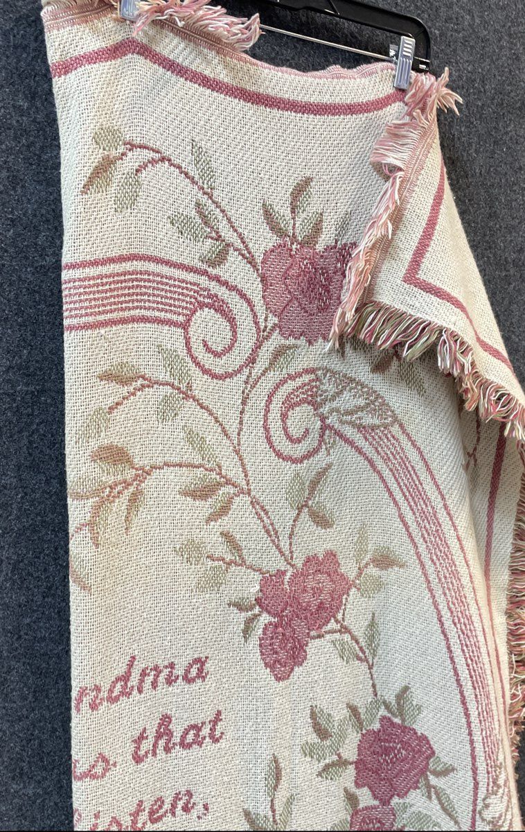Vintage Grandma Tapestry Throw Blanket Woven Fringe Floral Rose Verse Pink