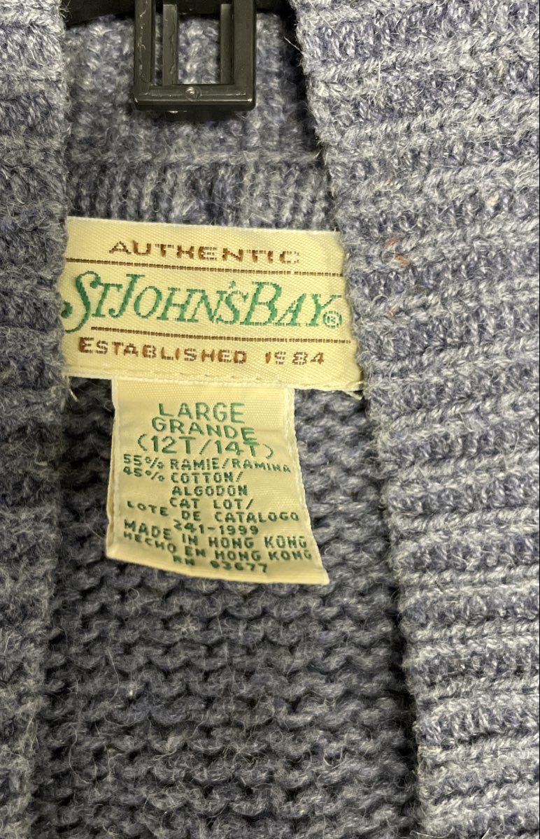 Vintage 90s St John's Bay Girls Blue Fair Isle Shawl Cardigan Sweater Sz L 12/14