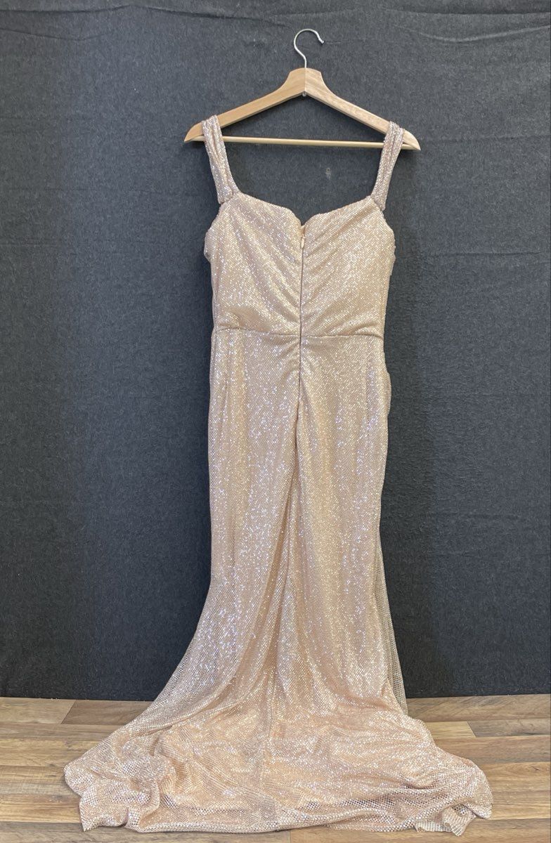 Ballbella Women's Rose Gold Sparkling Metallic Ruched Draped Gown NWT
