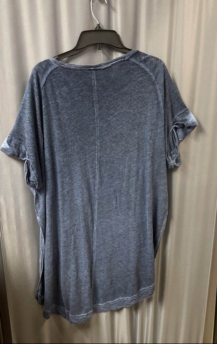 We The Free Women's Blue Linen Blend V-Neck Side Slit High-Low Top Sz XS