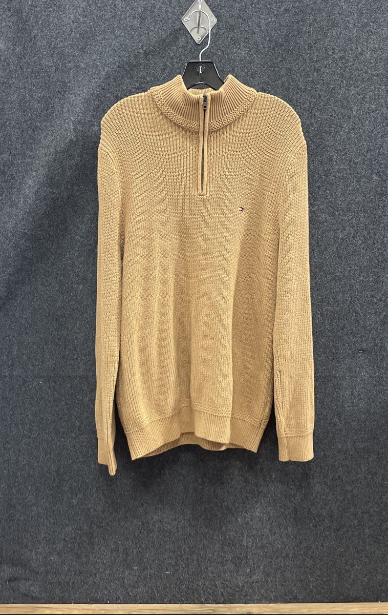 Tommy Hilfiger Men's Tan Brown Ribbed 1/4 Zip Mock Neck Pullover Sweater Size L