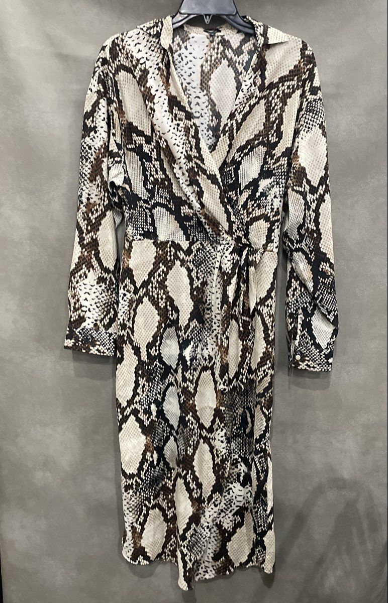 Express Women's Snake Skin Print Long Sleeve Wrap Dress Beige Brown Black Sz M
