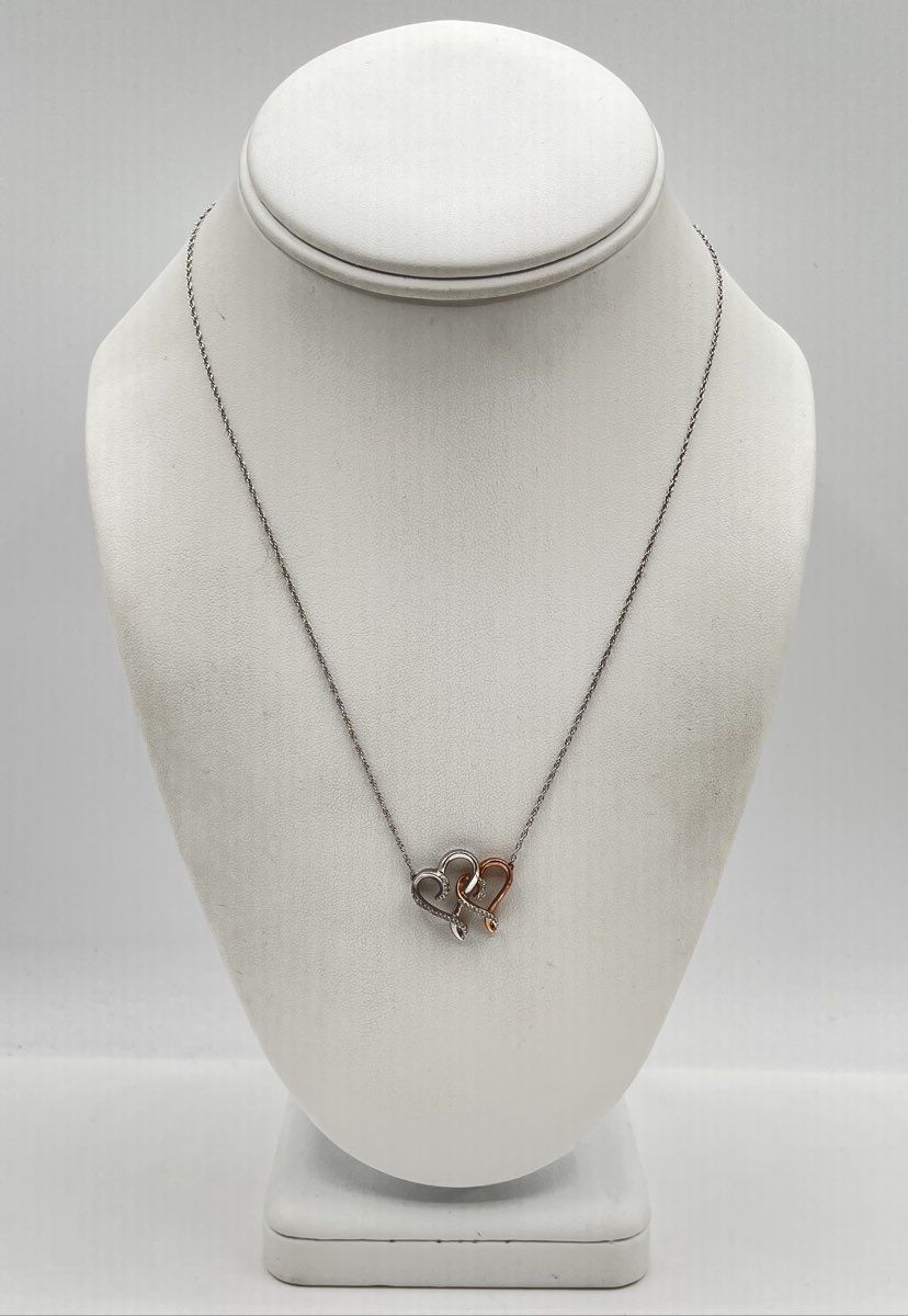 Hallmark 925 Sterling Two-Tone Diamond Accent Double-Heart Pendant Necklace 4.2g
