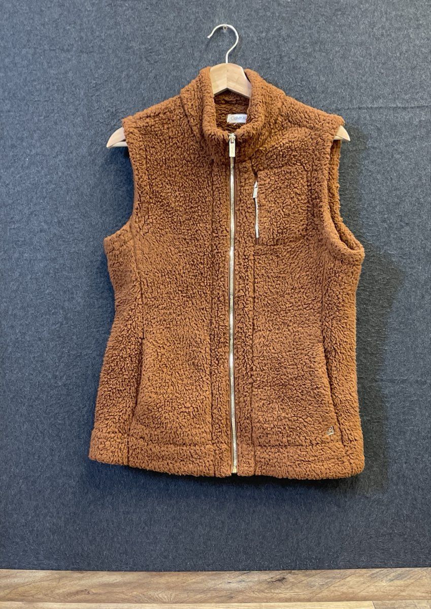 Calvin Klein Women's Brown Fuzzy Sherpa Fleece Full Zip Mock Neck Vest