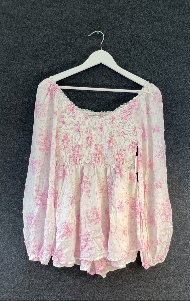 Altar'd State Women's Floral Smocked Romper Ivory Pink Long Sleeve NWT Sz S