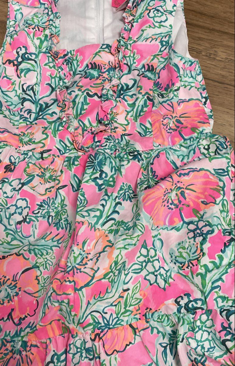 Lilly Pulitzer Girls Dress Pink Teal Floral Print Ruffle Neck Tiered Sz 5
