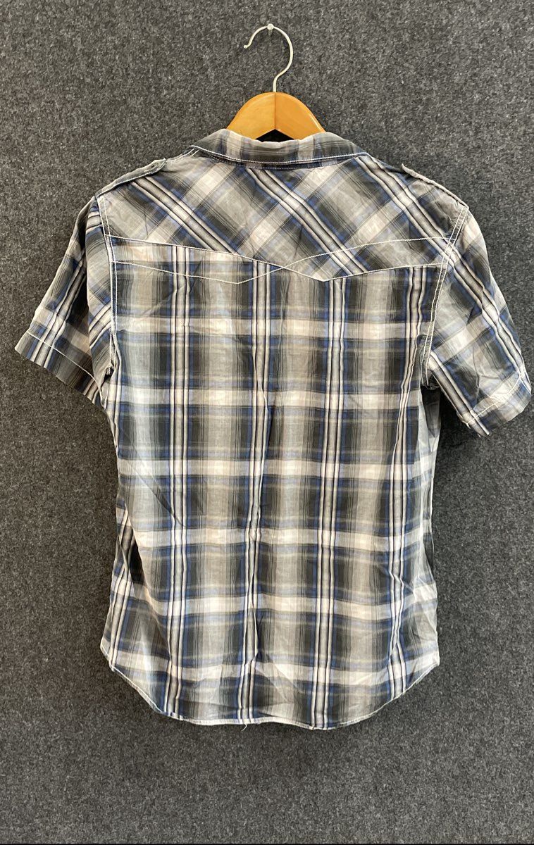 BKE Men's Gray Blue Plaid Athletic Fit Stretch Short Sleeve Button Up Shirt L