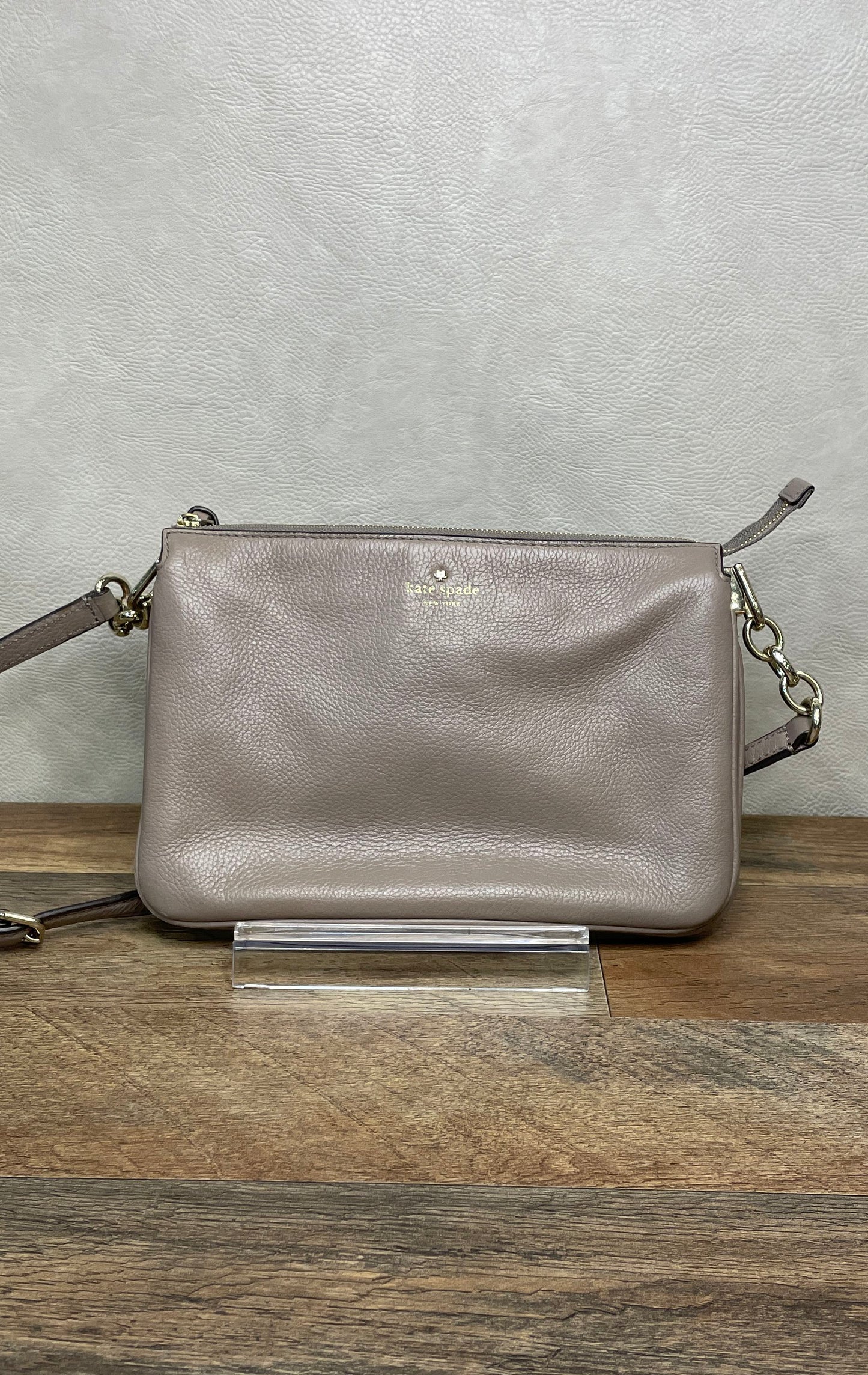 Kate Spade Taupe Pebbled Leather Triple Compartment Crossbody Bag Gold Hardware