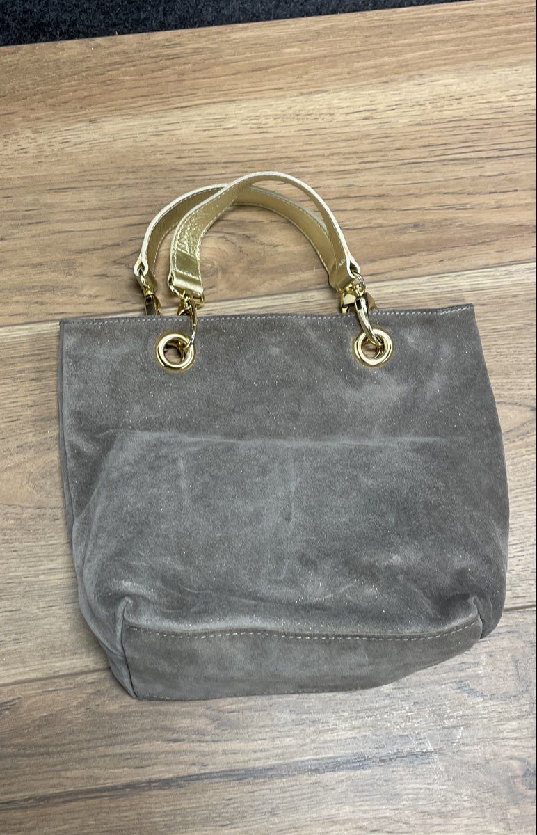 Maurizio Taiuti Grey Suede Leather Tote Handbag Made in Italy Gold Hardware