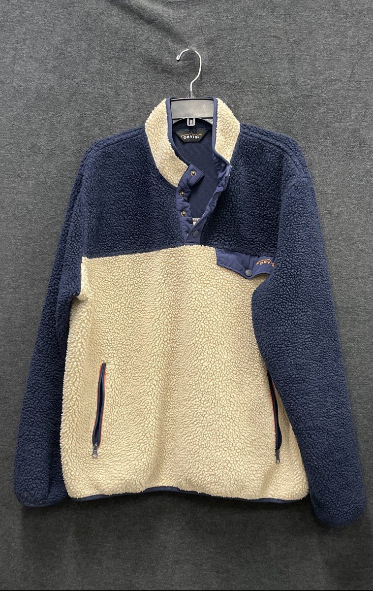 Orvis Men's Sherpa Pile Fleece Pullover Navy Blue Cream Colorblock Snap Neck XL