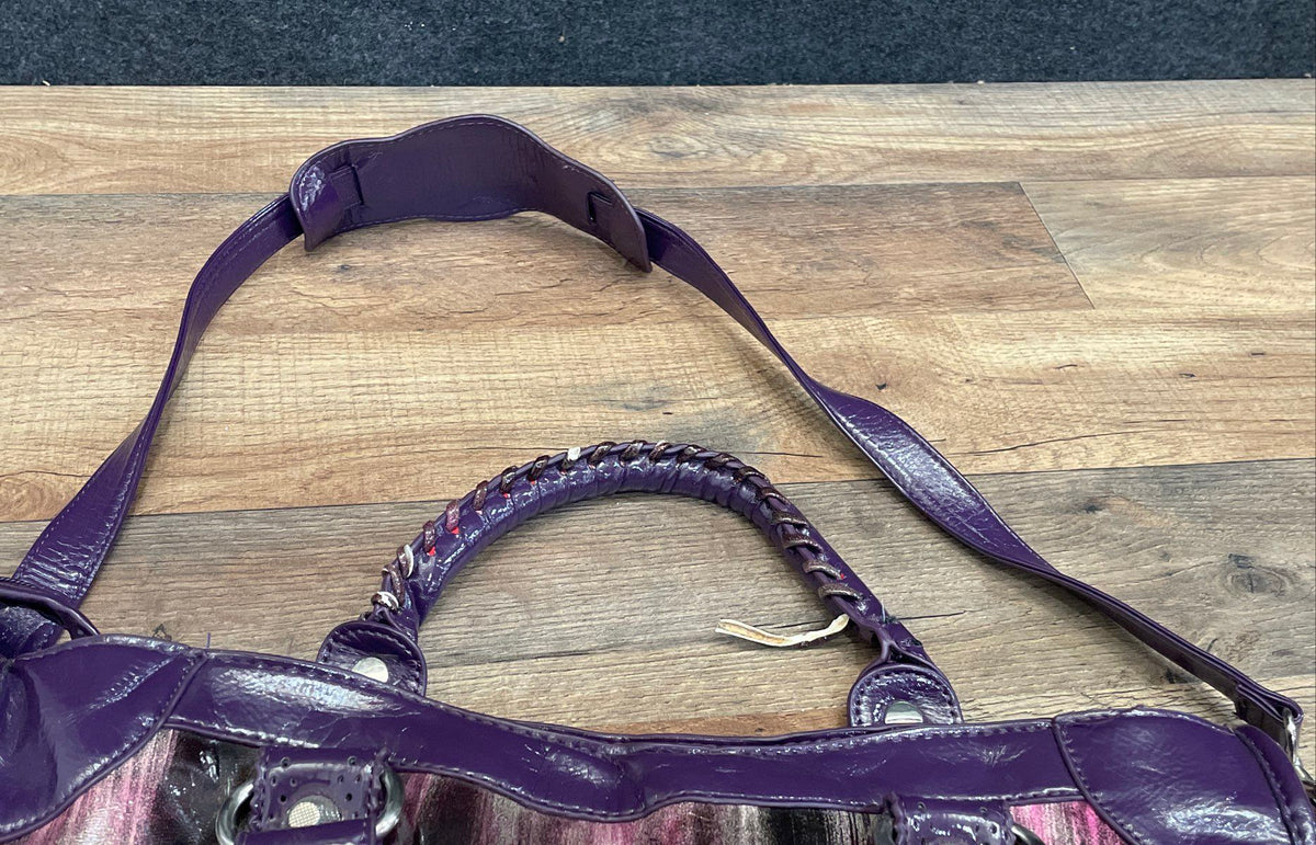 Candice Los Angeles Purple Abstract Leather Satchel Shoulder Bag Silver Hardware