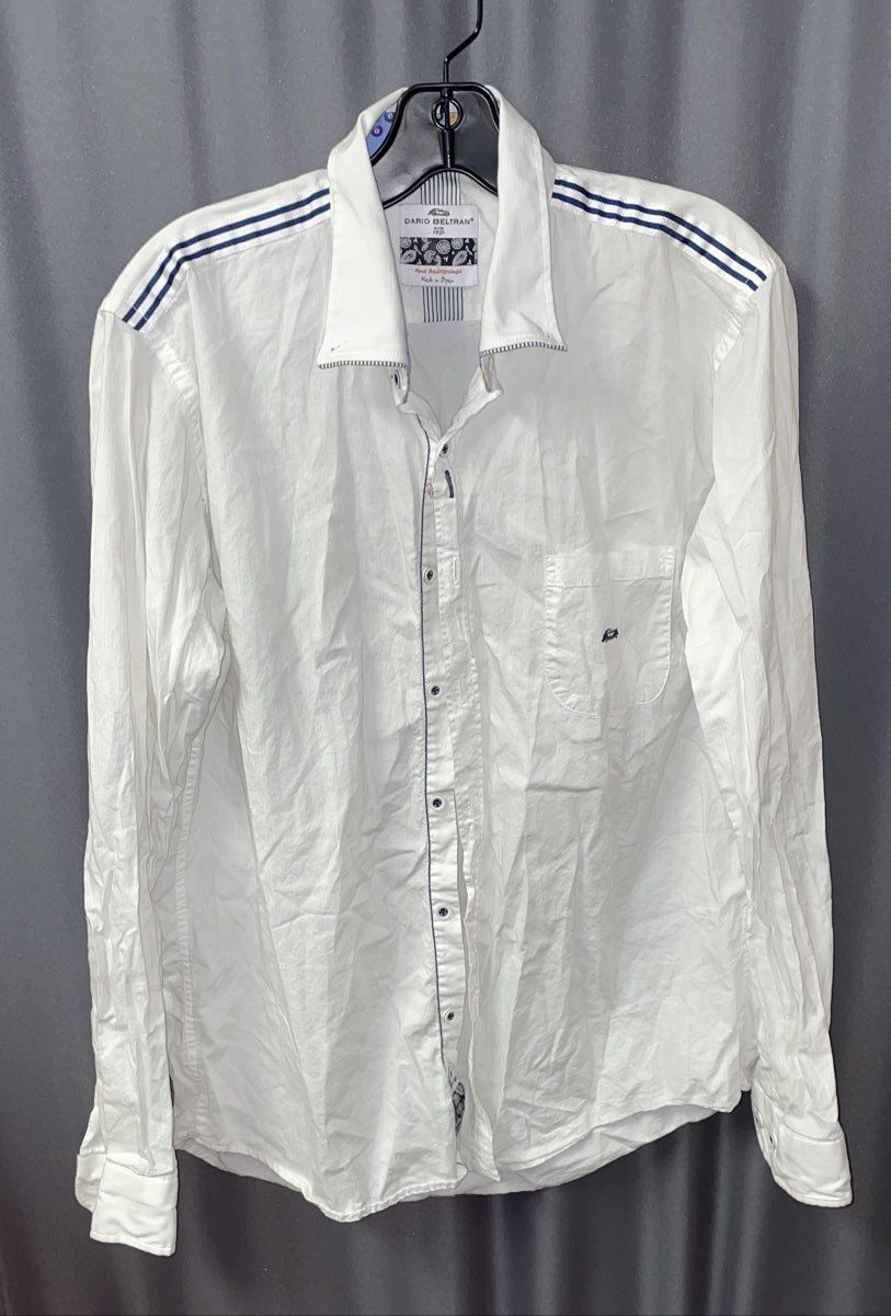 Dario Beltran Men's White Long Sleeve Button Up Shirt Navy Striped Shoulder Sz L