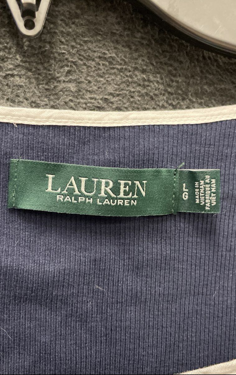 Lauren Ralph Lauren Women's Navy Blue Puff Sleeve Striped Cuff Cotton Top Sz L