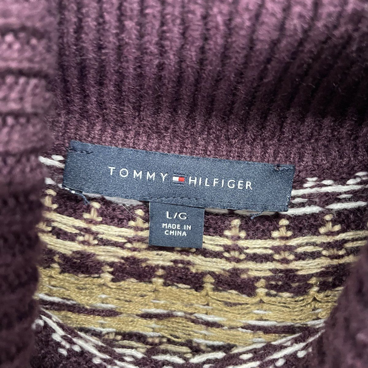 Tommy Hilfiger Women's Burgundy Fair Isle Yoke Turtleneck Knit Sweater Sz L