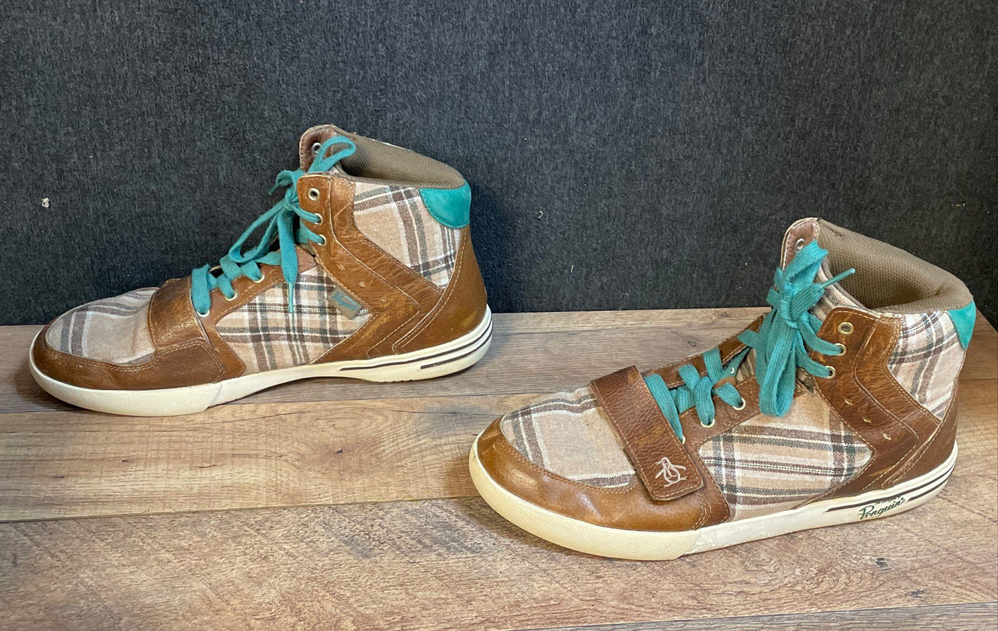 Original Penguin Moby Hi Brown Plaid Teal High Top Sneakers Men's Size 13