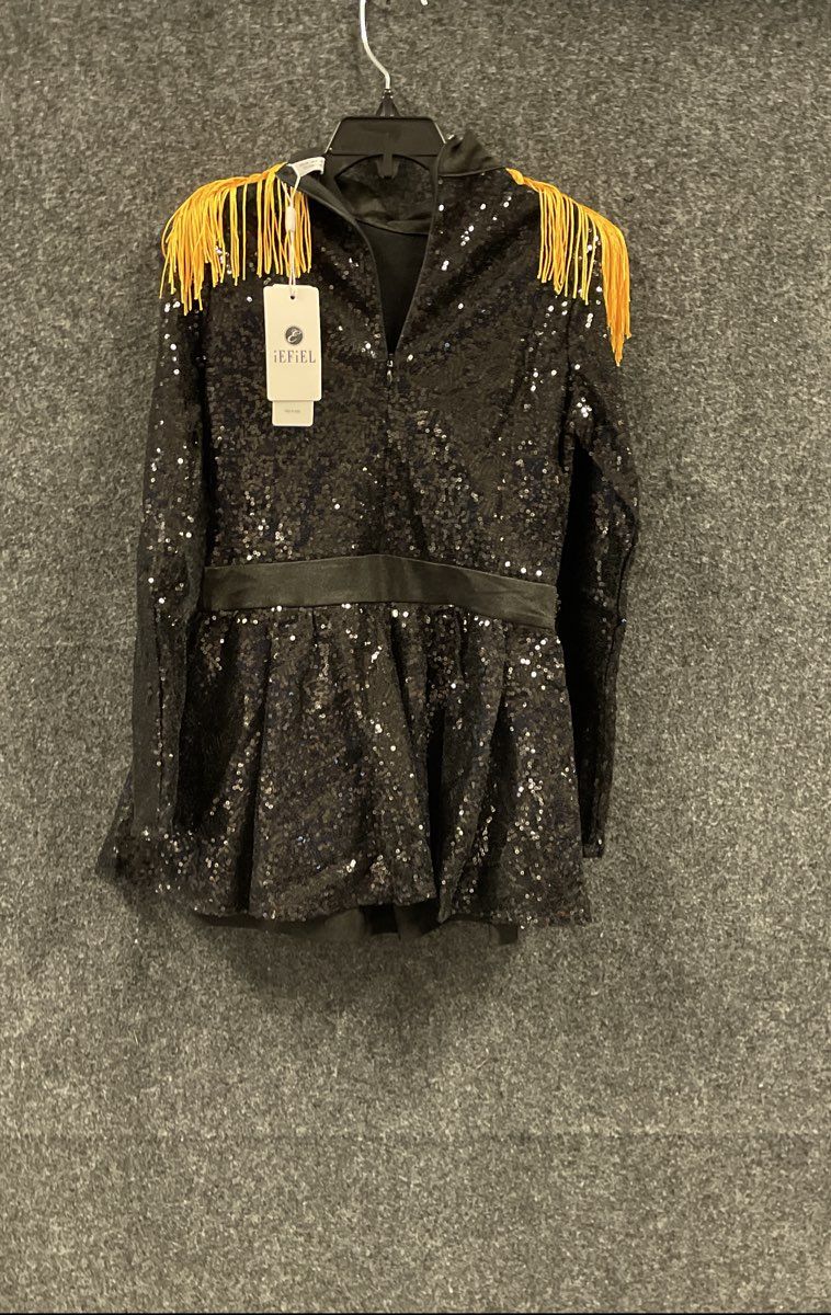 iEFIEL Women's Black Sequin Ringmaster Dance Leotard Costume Fringe Gold NWT