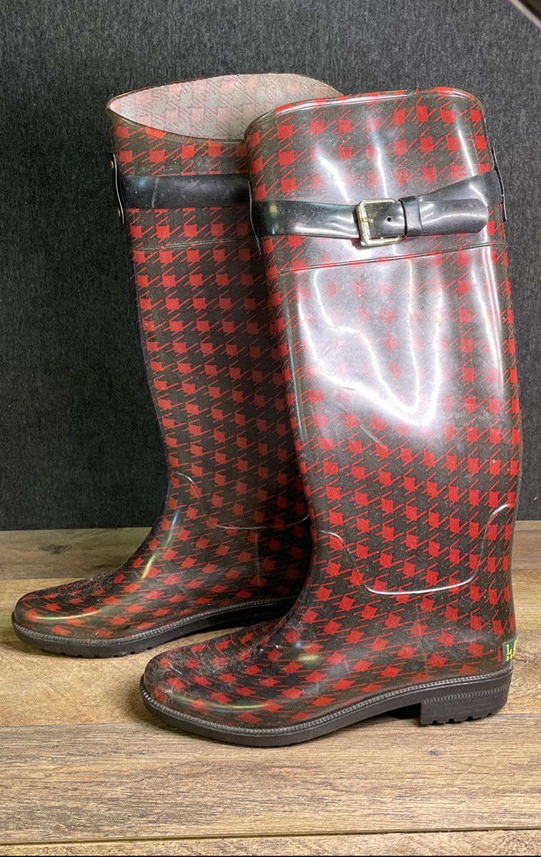 Lauren Ralph Lauren Rossalyn II Red Black Houndstooth Rain Boots Size 6