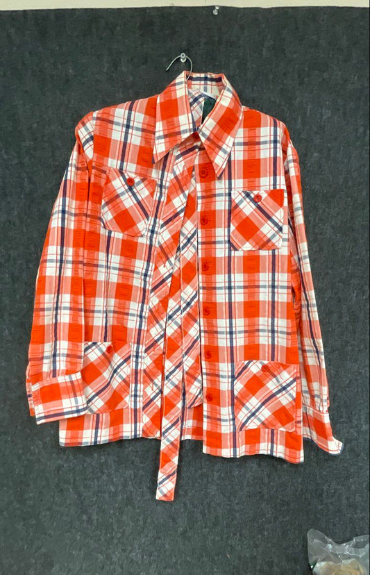 Vintage 70s Lady Manhattan Orange Plaid Belted Safari Shirt Jacket Sz M