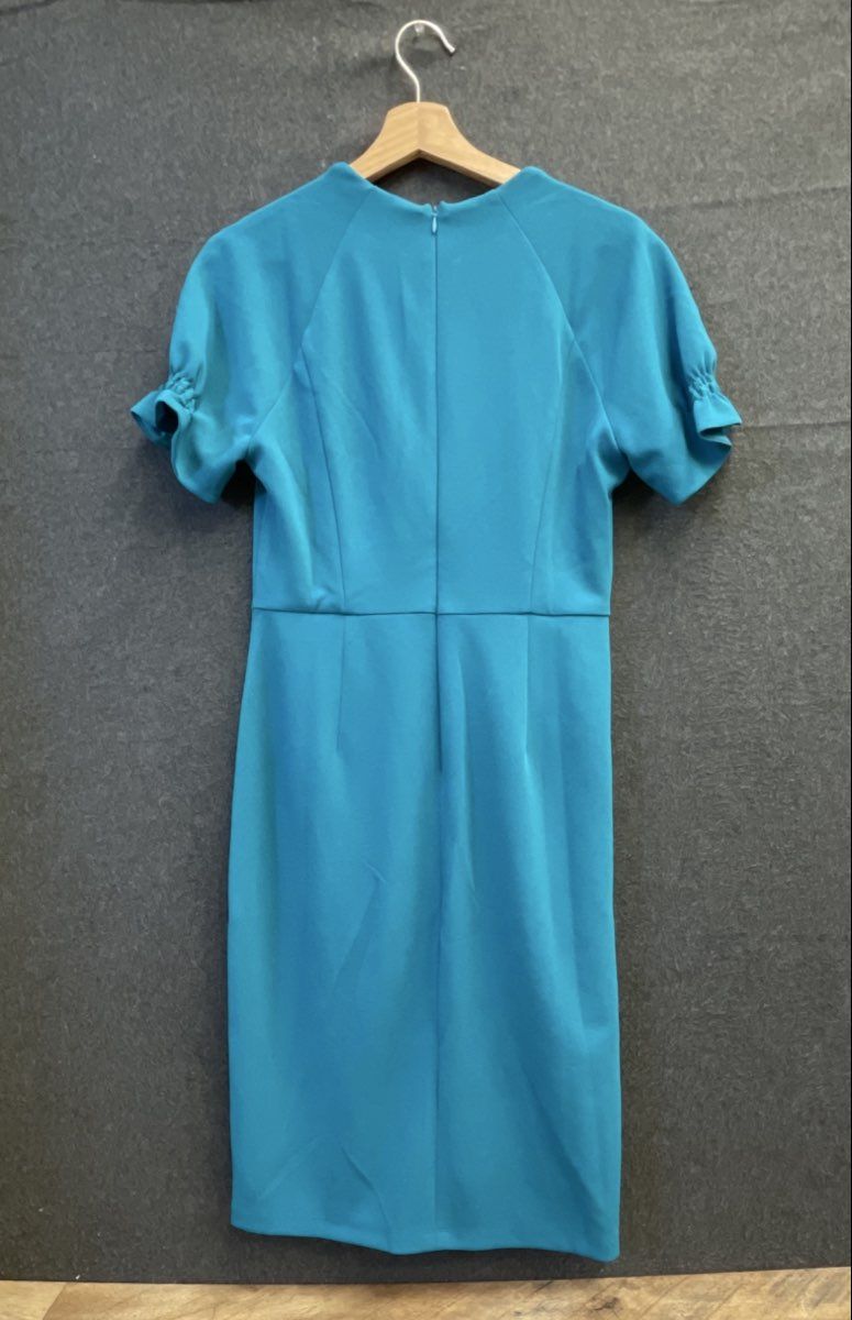 Maggy London Petite Women's Teal Short Puff Sleeve V-Neck Sheath Dress Sz 6P