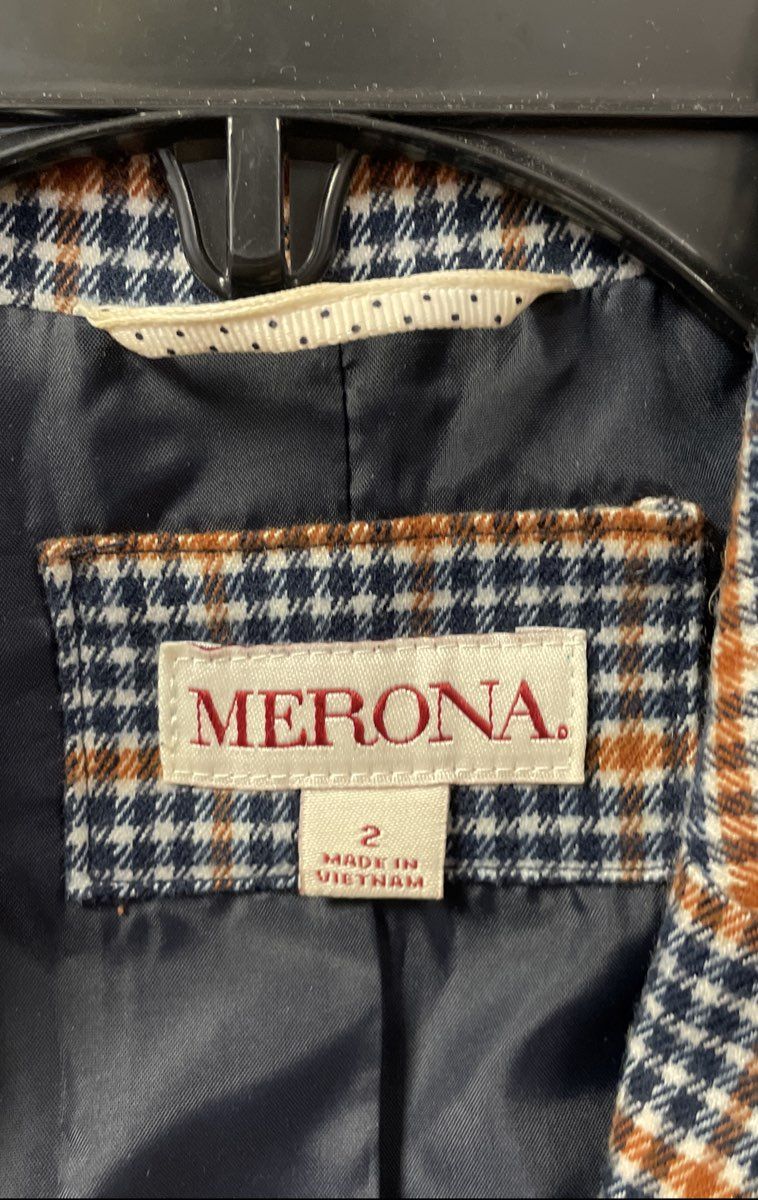 Merona Women's Blue Tan Plaid Wool Blend Blazer Jacket Sz 2