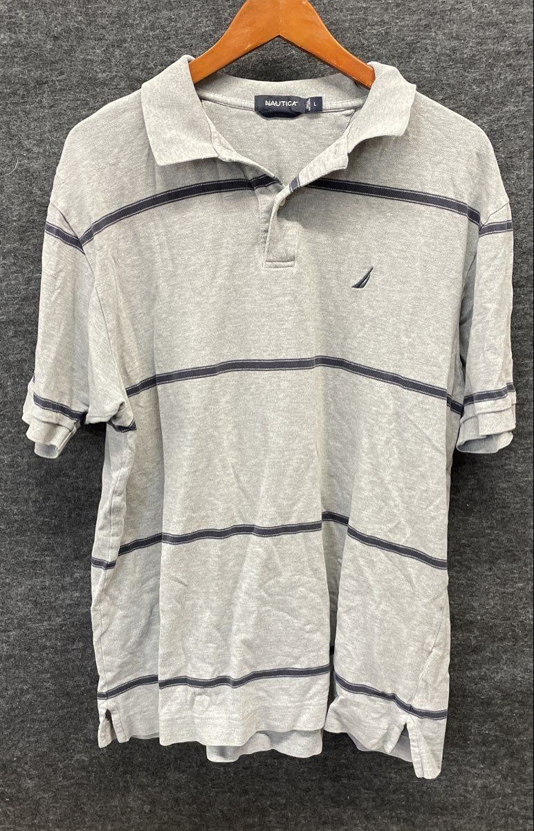Nautica Men's Grey Blue Striped Short Sleeve Pique Cotton Polo Shirt Size L