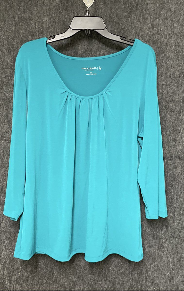 Susan Graver Essentials Women's Green Pleated Scoop Neck Blouse Top Size XL