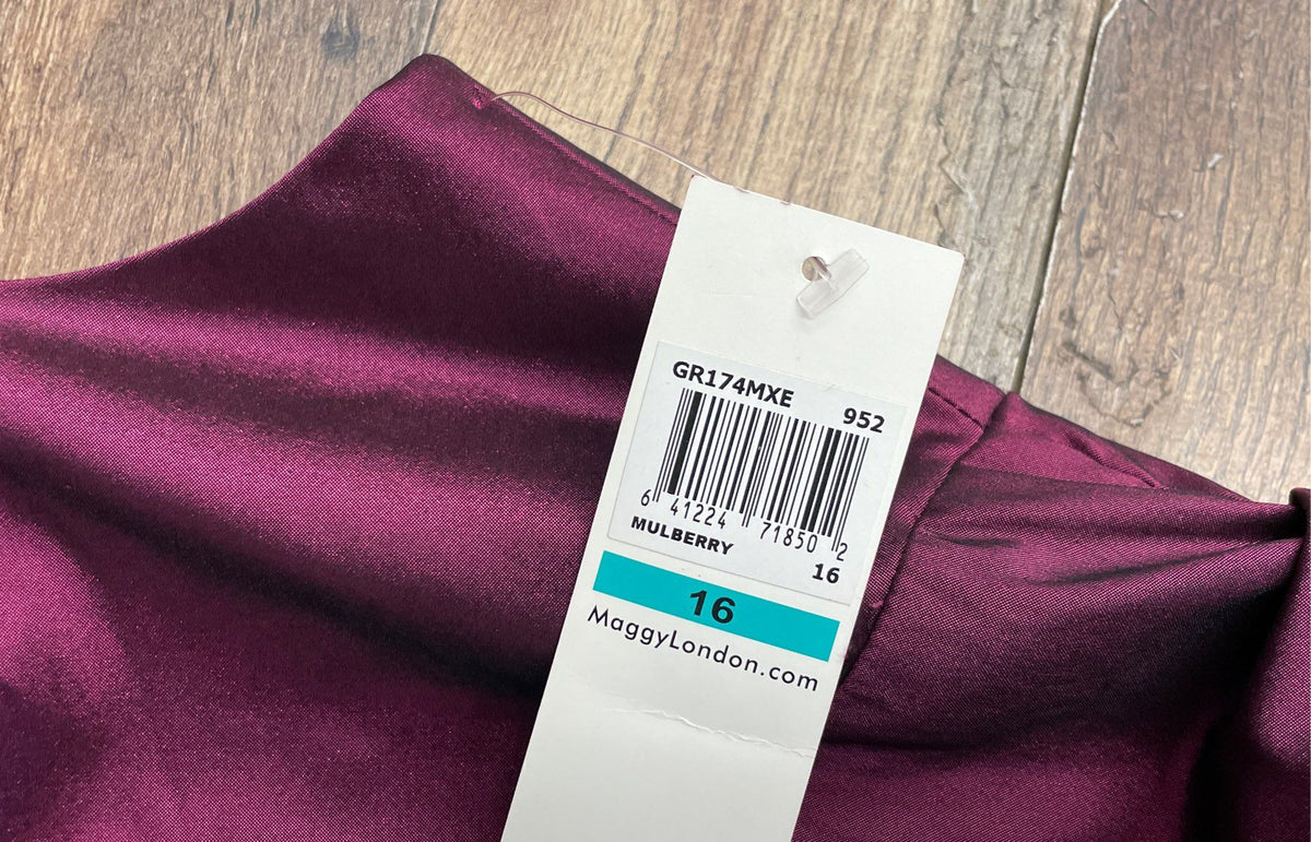 Maggy London Women's Purple Ruffled Metallic Sheen Ruched V-Neck Dress Sz 16 NWT