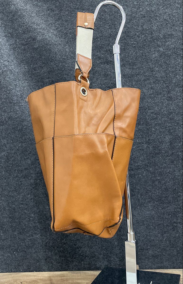 Large Brown Leather Hobo Tote Bag Woven Canvas Strap Gold Tone Hardware