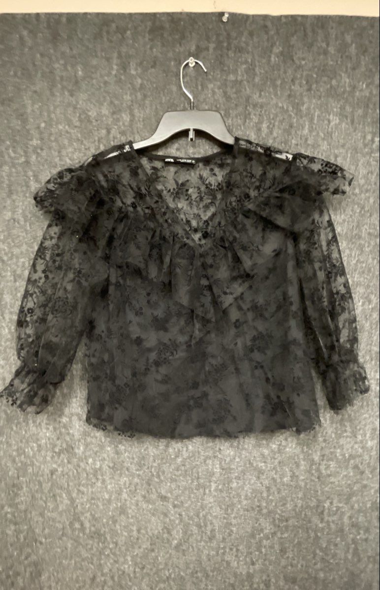 Zara Women's Black Sheer Floral Lace Ruffle Puff Sleeve Romantic Blouse Top XS
