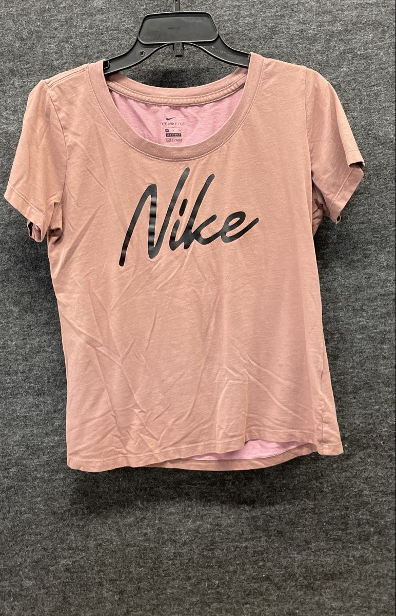 Nike Women's Mauve Dri-FIT Script Logo Scoop Neck Short Sleeve T-shirt Sz M