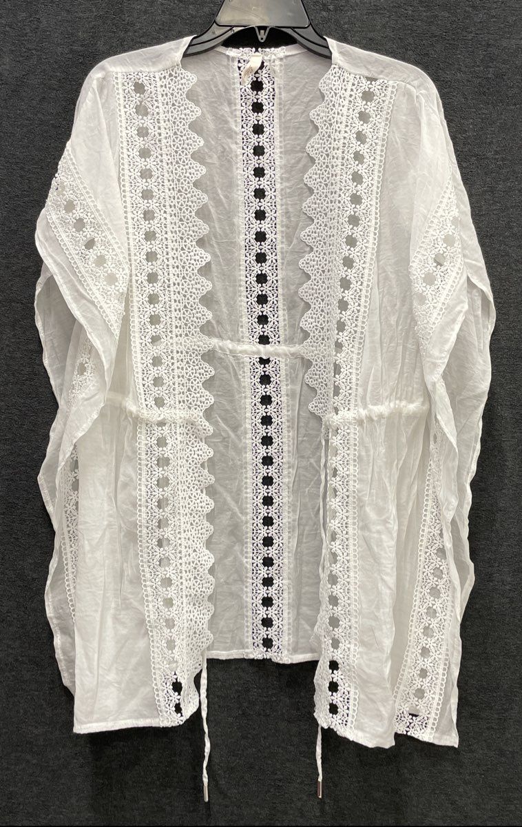 Elan Women's White Boho Cinch Waist Lace Trim Kimono Cardigan Cover-Up Sz S