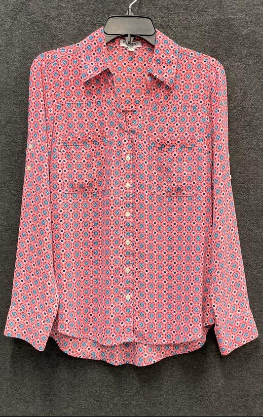 Express Women's Portofino Shirt Pink Geometric Slim Fit Roll Tab Blouse M
