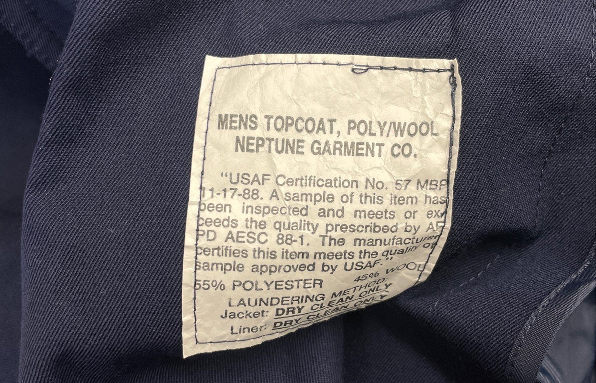 Vintage 80s Neptune Garment Co Men's Navy USAF Topcoat Trench Coat Sz 46 Short