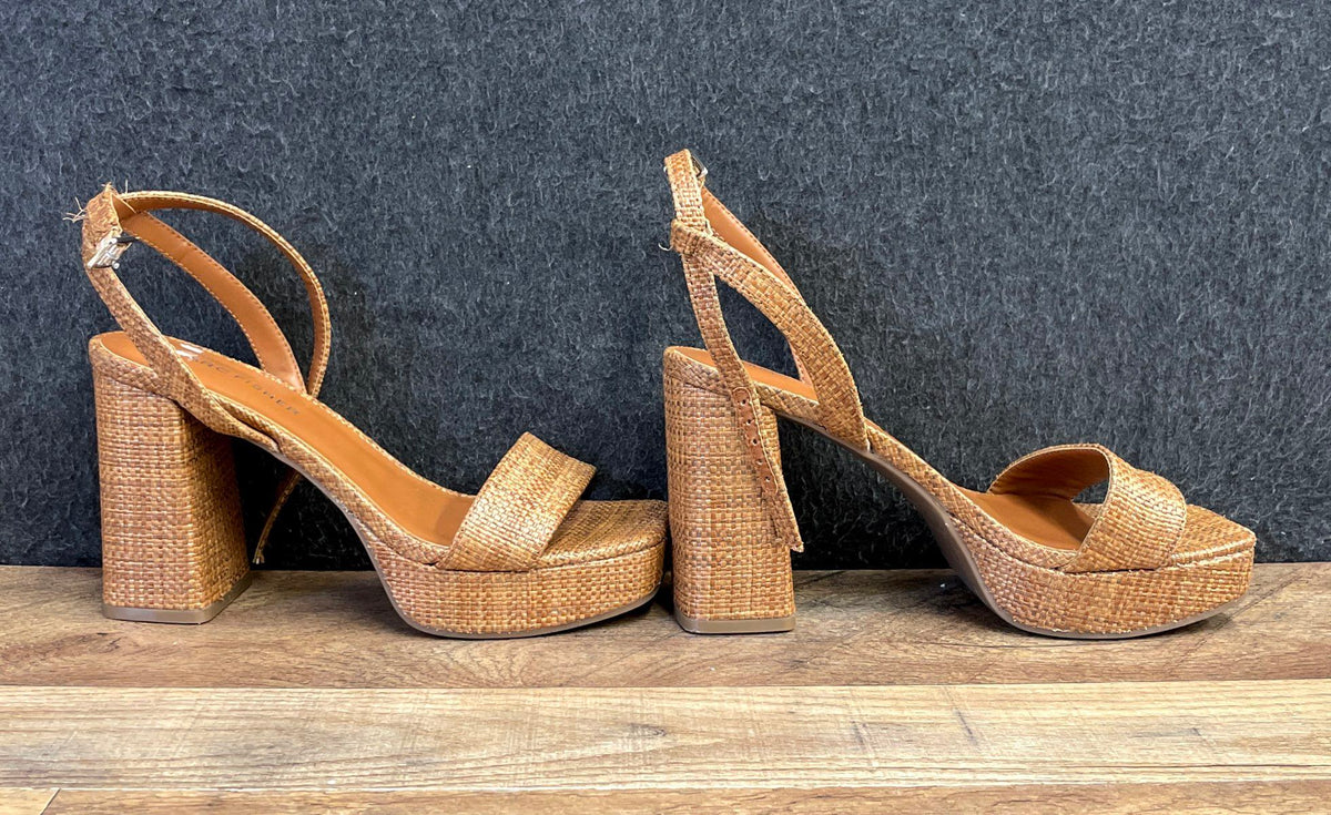Marc Fisher Woven Raffia Platform Block Heel Sandals Women's Tan Size 6.5