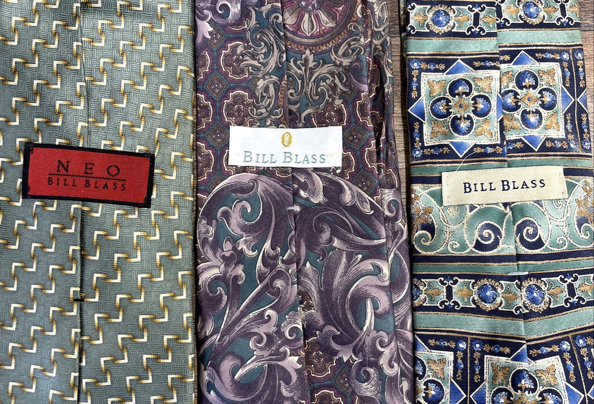 Vintage 90s Bill Bass Men's Silk Neckties Lot 3 Geometric Scroll Medallion