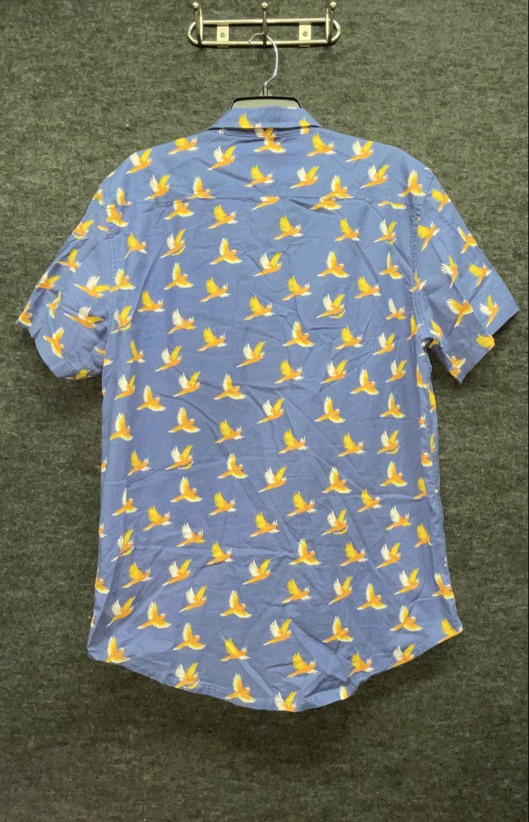 Quiksilver Men's Blue Parrot Bird Print Short Sleeve Button Up Modern Fit Sz L