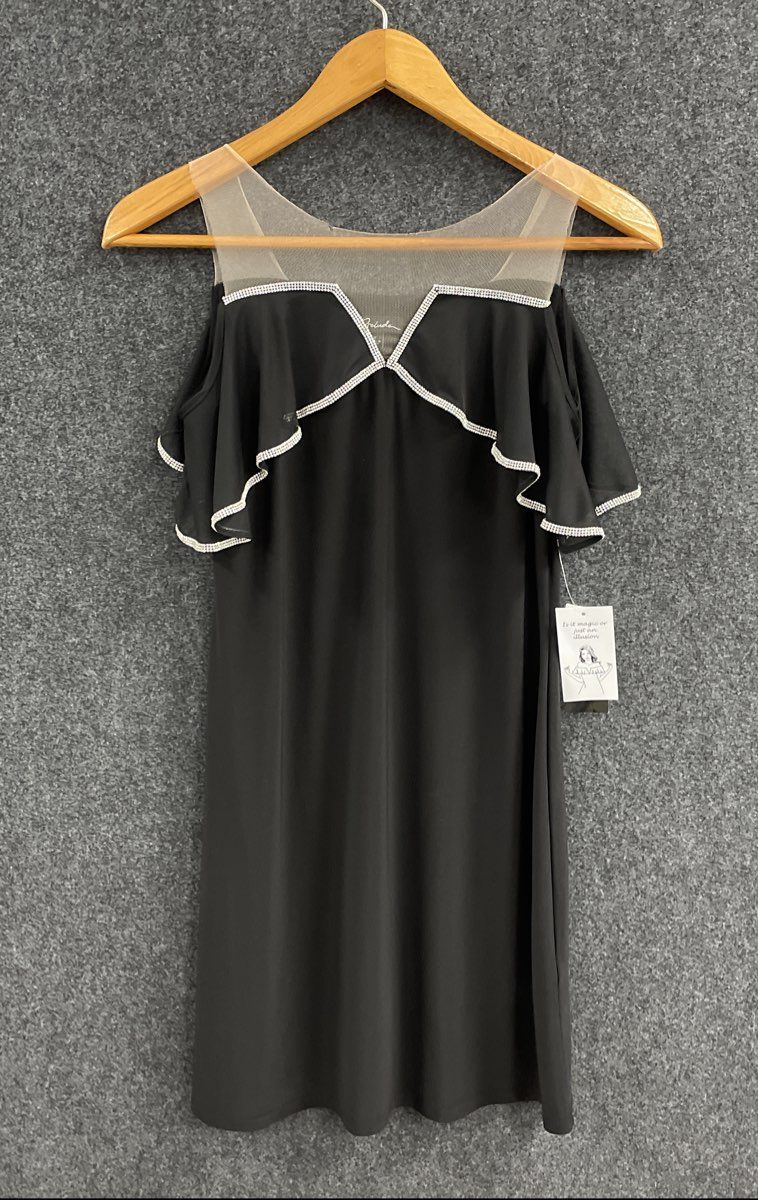 Prelude Women's Black Rhinestone Trim Cold Shoulder Illusion LBD Dress NWT Sz S