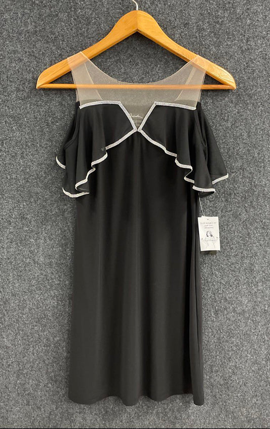 Prelude Women's Black Rhinestone Trim Cold Shoulder Illusion LBD Dress NWT Sz S
