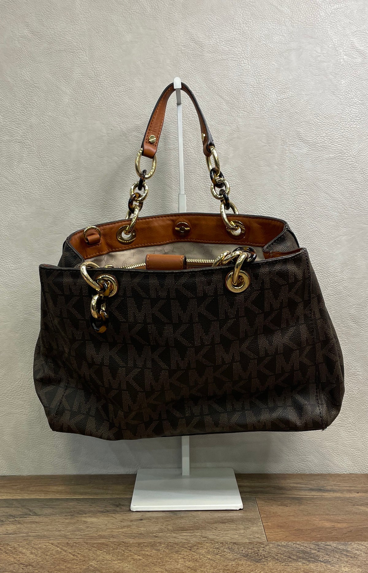 Michael Kors Cynthia Brown Monogram Chain Satchel Tote Crossbody Bag